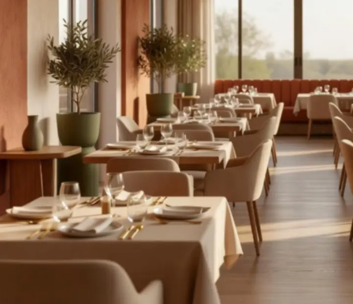 Jasne, eleganckie wnętrze restauracji z nakrytymi stołami i ciepłym światłem.