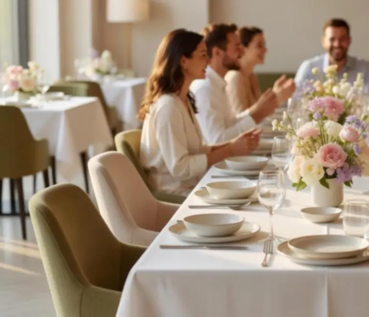 Elegancko nakryty długi stół w restauracji przygotowany na przyjęcie