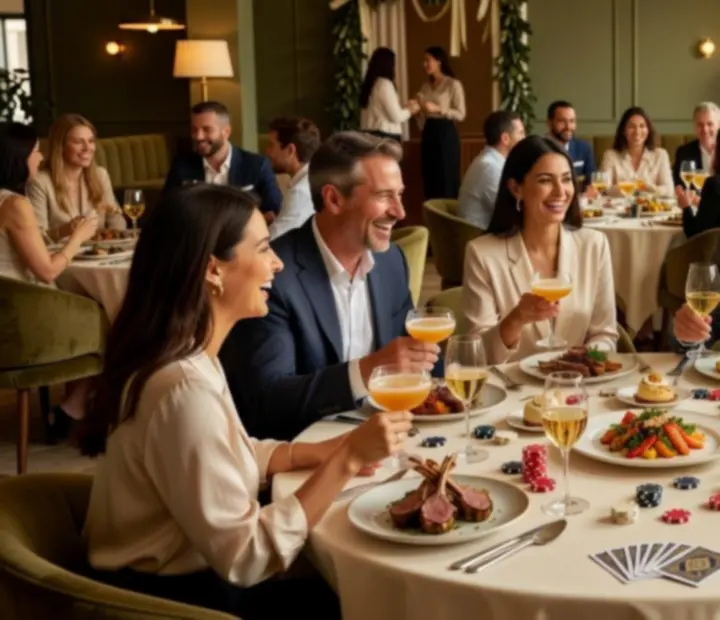 Jasne wnętrza restauracji z tematyczną aranżacją stołów w klimacie kasyna