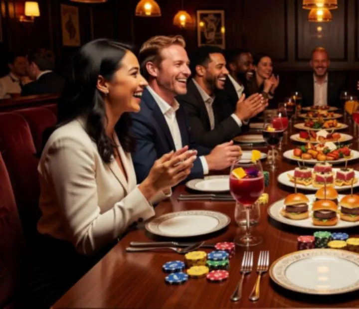 Stół z kartami i dekoracyjnymi żetonami podczas jasnego, eleganckiego wieczoru tematycznego w restauracji.