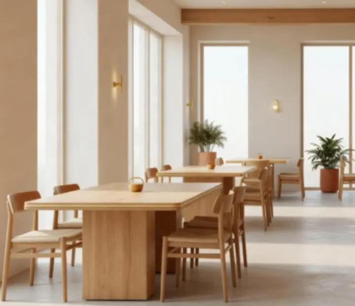 Jasne, przestronne wnętrze Eatery House z eleganckimi stołami i ciepłym oświetleniem.